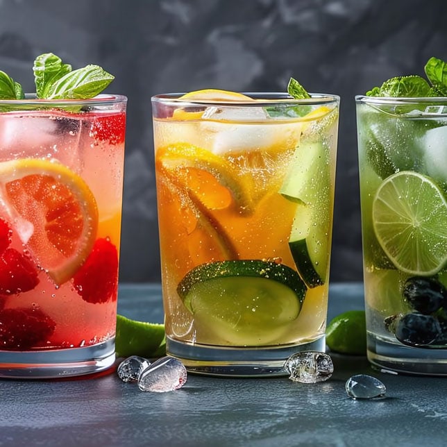 different flavored fruit infused waters